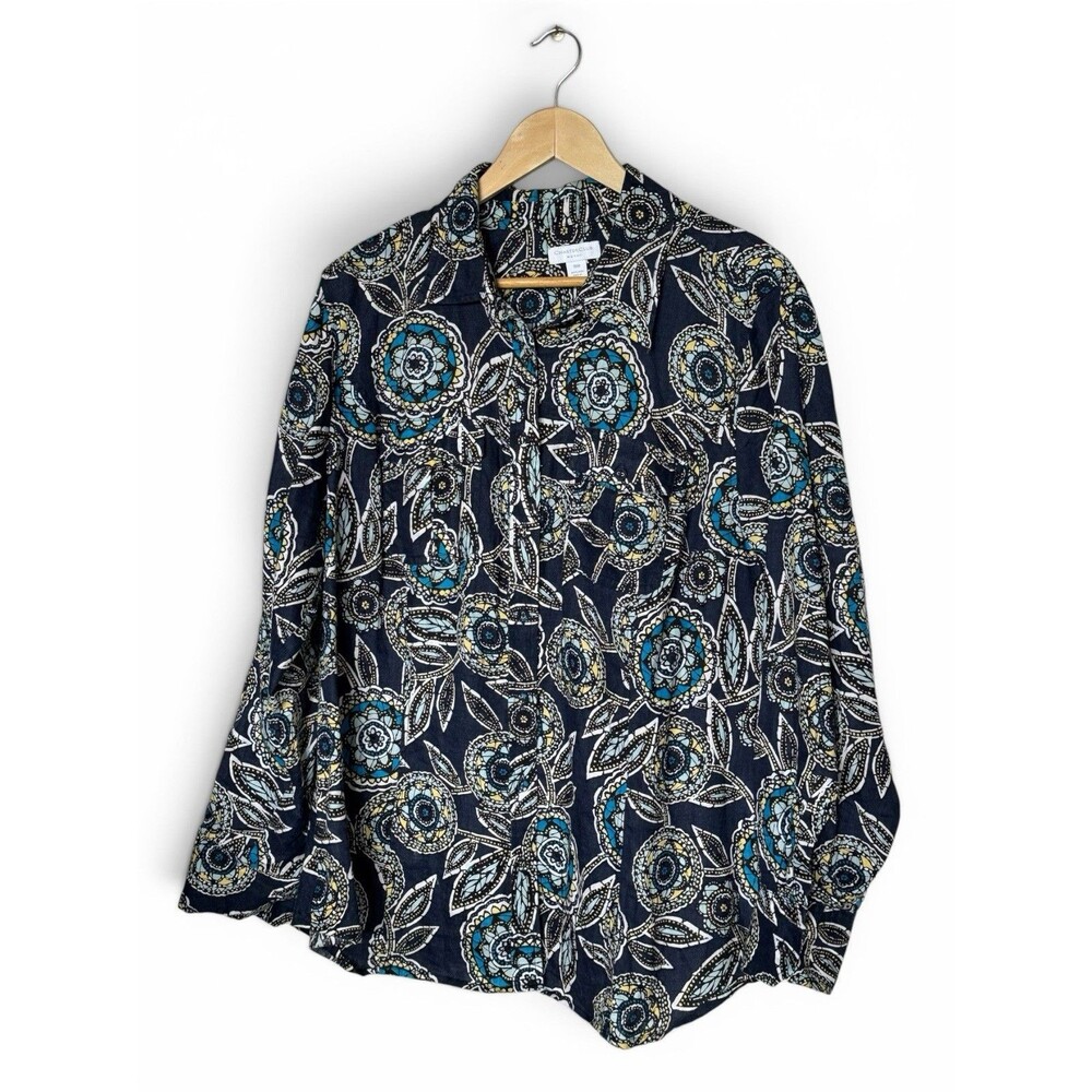 Charter Club 100% Linen Navy Blue Medallion‎ Blouse Tab Sleeves Top Shirt 18W